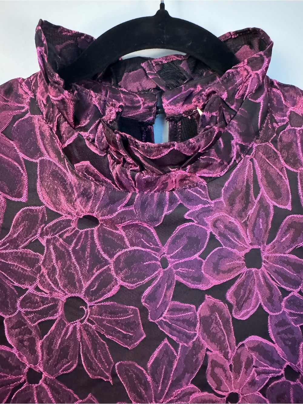 Entro Floral Jacquard Ruffle Sleeve Blouse L Magenta Black - Picture 4 of 13